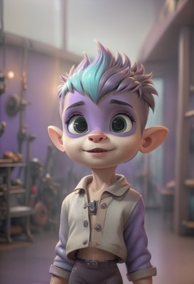 solo,looking at viewer,smile,short hair,open mouth,1boy,navel,blue hair,male focus,multicolored hair,teeth,pointy ears,indoors,blurry,vest,two-tone hair,blurry background,child,furry,furry male,male child,mohawk,blue eyes,brown hair,upper body,parted lips,midriff,artist name,watermark,web address