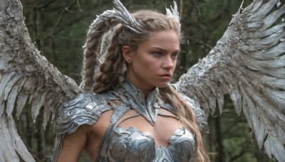 1girl,solo,long hair,breasts,blue eyes,blonde hair,cleavage,medium breasts,closed mouth,upper body,braid,wings,armor,mole,blurry,tree,lips,blurry background,shoulder armor,feathered wings,pauldrons,angel wings,realistic,white wings,angel,head wings