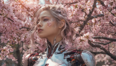 1girl, solo, long hair, blonde hair, upper body, flower, outdoors, parted lips, day, blurry, tree, lips, looking up, cherry blossoms, portrait, realistic, nose, branch, cyborg