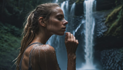 1girl, solo, long hair, blonde hair, upper body, water, blurry, wet, profile, freckles, realistic, wet hair, waterfall