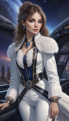 1girl,solo,long hair,breasts,looking at viewer,smile,blue eyes,brown hair,long sleeves,cleavage,brown eyes,jewelry,medium breasts,cowboy shot,earrings,sky,choker,pants,bracelet,lips,coat,grey eyes,fur trim,makeup,night,ring,lipstick,gem,star (sky),starry sky,realistic,white pants,nose,white coat,red lips,cityscape,space,planet,earth (planet),standing,jacket,ponytail,parted lips,belt,artist name,necklace,nail polish,fingernails,wavy hair,night sky,pendant,city,city lights,crystal earrings