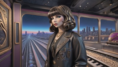 1girl,solo,looking at viewer,short hair,bangs,blue eyes,brown hair,jewelry,jacket,upper body,parted lips,sky,medium hair,necklace,lips,coat,black jacket,window,makeup,night,lipstick,ground vehicle,building,star (sky),night sky,motor vehicle,starry sky,curly hair,city,hands in pockets,red lips,leather jacket,train,gold chain,blush,blonde hair,indoors,scenery,cityscape