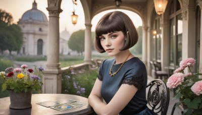 1girl,solo,breasts,looking at viewer,smile,short hair,bangs,brown hair,shirt,black hair,dress,brown eyes,jewelry,sitting,closed mouth,upper body,flower,short sleeves,earrings,outdoors,day,blunt bangs,necklace,blurry,tree,lips,eyelashes,depth of field,blurry background,blue dress,chair,crossed arms,table,bob cut,plant,building,lace trim,lace,pink flower,pendant,realistic,yellow flower,nose,purple flower,potted plant,lamppost,vase,indoors,grey eyes,window,lamp,garden