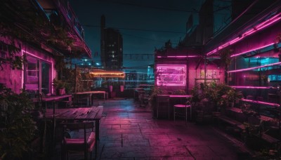 outdoors,sky,no humans,window,night,chair,table,plant,building,night sky,scenery,city,sign,potted plant,bench,cityscape,skyscraper,city lights,neon lights,indoors,tree,science fiction,tiles,dark,power lines