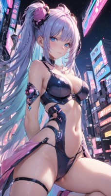 1girl,solo,long hair,breasts,looking at viewer,blush,bangs,blue eyes,large breasts,hair ornament,navel,cleavage,bare shoulders,twintails,medium breasts,very long hair,closed mouth,blue hair,swimsuit,white hair,sidelocks,thighs,multicolored hair,outdoors,parted lips,sky,choker,hair flower,stomach,leotard,two side up,skindentation,thigh strap,night,cameltoe,highleg,black choker,arms behind back,building,revealing clothes,black leotard,city,cityscape,navel cutout,standing,purple hair,night sky