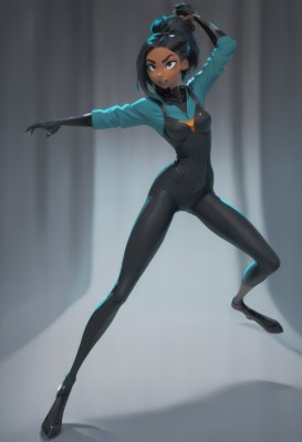 1girl,solo,breasts,smile,short hair,black hair,gloves,medium breasts,standing,full body,ponytail,small breasts,parted lips,black gloves,dark skin,black footwear,black eyes,arm up,dark-skinned female,bodysuit,black bodysuit,dancing,animification,black lips,long hair,hair ornament,multicolored hair,teeth,hairclip,arms up,lips,shadow,looking away,legs apart,stretching,very dark skin