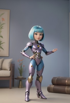 1girl,solo,looking at viewer,short hair,bangs,blue eyes,closed mouth,blue hair,standing,full body,flower,boots,indoors,blunt bangs,armor,lips,hand on hip,pillow,grey eyes,book,bodysuit,bed,makeup,bob cut,shoulder armor,couch,breastplate,android,armored boots,greaves,cyborg,vase,flower pot,breasts,smile,small breasts,parted lips,high heels,table,antenna hair,plant,science fiction,potted plant,joints,robot joints