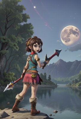 1girl,solo,short hair,skirt,brown hair,hair ornament,holding,brown eyes,jewelry,standing,ponytail,weapon,boots,outdoors,sky,looking back,sword,water,from behind,tree,fur trim,night,moon,polearm,nature,night sky,full moon,forest,spear,river,lake,short ponytail,rock,mountain