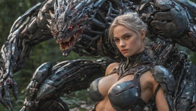 1girl,solo,breasts,looking at viewer,short hair,red eyes,cleavage,brown eyes,medium breasts,upper body,ponytail,white hair,teeth,armor,blurry,lips,grey eyes,blurry background,robot,sharp teeth,mecha,claws,science fiction,monster,realistic,power armor,open mouth,blue eyes,blonde hair,large breasts,parted lips,freckles