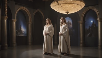 long hair,multiple girls,blonde hair,brown hair,long sleeves,2girls,closed mouth,standing,multiple boys,indoors,2boys,wide sleeves,night,sandals,own hands together,robe,light,architecture,multiple others,pillar,statue,white robe,church,arch,1girl,1boy,brown eyes,sky,barefoot,moon,scenery,reflection