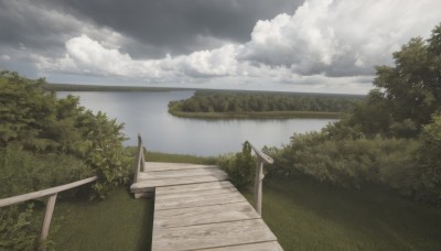 outdoors,sky,day,cloud,water,tree,blue sky,no humans,ocean,cloudy sky,grass,plant,nature,scenery,forest,stairs,railing,horizon,road,bush,river,landscape,path,lake