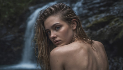 1girl, solo, long hair, looking at viewer, blue eyes, blonde hair, brown hair, upper body, nude, looking back, from behind, blurry, lips, blurry background, back, freckles, realistic, nose