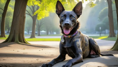 HQ,solo,open mouth,blue eyes,outdoors,day,tongue,tongue out,collar,tree,no humans,animal,grass,dog,realistic,road,animal focus,park,looking at viewer,yellow eyes,sunlight,animal collar