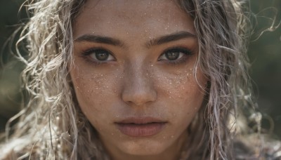 1girl,solo,long hair,looking at viewer,brown hair,brown eyes,closed mouth,mole,blurry,lips,wet,eyelashes,blurry background,wavy hair,portrait,mole under mouth,close-up,freckles,realistic,nose,mole on cheek,messy hair