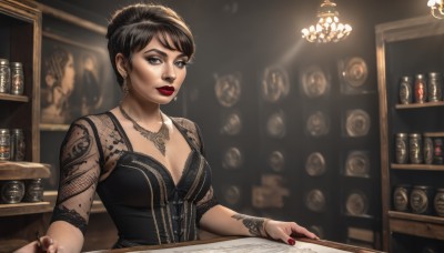 1girl,solo,breasts,looking at viewer,short hair,black hair,dress,cleavage,brown eyes,jewelry,medium breasts,upper body,earrings,indoors,necklace,hair bun,nail polish,mole,blurry,black eyes,black dress,lips,fingernails,see-through,grey eyes,book,eyelashes,tattoo,makeup,single hair bun,bottle,lipstick,red nails,alcohol,eyeshadow,realistic,bookshelf,red lips,eyeliner,arm tattoo,shelf,bar (place),counter,sitting,parted lips,corset