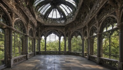 outdoors,day,indoors,tree,dutch angle,no humans,window,sunlight,plant,nature,scenery,light rays,stairs,architecture,tile floor,ruins,pillar,arch,overgrown,column,tiles,reflective floor