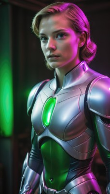 1girl,solo,looking at viewer,short hair,blonde hair,brown hair,brown eyes,upper body,pink hair,armor,mole,lips,mole under eye,bodysuit,glowing,freckles,science fiction,breastplate,realistic,nose,power armor,neon trim,blue eyes,green eyes,parted lips,covered navel