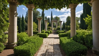 outdoors,sky,day,cloud,tree,blue sky,no humans,cloudy sky,grass,plant,nature,scenery,forest,stairs,road,bush,ruins,pillar,path,arch,moss,column,landscape,pavement