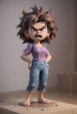 1girl,solo,breasts,looking at viewer,open mouth,brown hair,shirt,red eyes,cleavage,brown eyes,jewelry,medium breasts,standing,full body,short sleeves,earrings,small breasts,barefoot,teeth,pants,medium hair,bag,chibi,toes,thick eyebrows,backpack,denim,spiked hair,messy hair,child,anger vein,angry,pink shirt,hands on hips,jeans,purple shirt,female child,dirty,torn pants,short hair,torn clothes