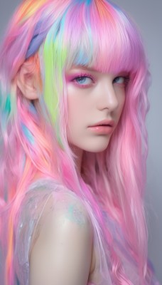 1girl,solo,long hair,looking at viewer,bangs,blue eyes,simple background,shirt,closed mouth,upper body,pink hair,multicolored hair,sleeveless,blunt bangs,grey background,from side,lips,eyelashes,makeup,lipstick,eyeshadow,pink lips,realistic,nose,eyeliner,mascara,rainbow hair,bare shoulders,blue hair,parted lips,streaked hair,looking to the side,watermark,portrait