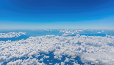 monochrome,outdoors,sky,day,cloud,blue sky,no humans,ocean,cloudy sky,scenery,blue theme,horizon,landscape,above clouds,water