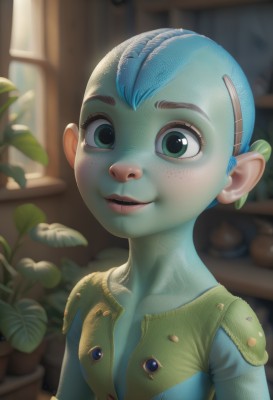 1girl,solo,looking at viewer,smile,short hair,hair ornament,1boy,green eyes,blue hair,upper body,male focus,pointy ears,hairclip,indoors,blurry,lips,blurry background,colored skin,plant,freckles,realistic,nose,blue skin,potted plant,green skin,alien,artist name,leaf,bald