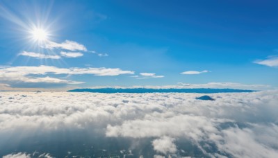 outdoors,sky,day,cloud,blue sky,no humans,ocean,sunlight,cloudy sky,scenery,blue theme,mountain,sun,horizon,landscape,above clouds,bird,flying,flock