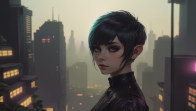 1girl,solo,looking at viewer,short hair,bangs,black hair,brown eyes,jewelry,jacket,upper body,earrings,outdoors,parted lips,from side,lips,black jacket,eyelashes,makeup,building,portrait,city,nose,stud earrings,cityscape,leather,leather jacket,closed mouth,sky,black eyes,no humans,window,night,swept bangs,plant,lipstick,scenery,backlighting,realistic,red lips,skyscraper,mascara