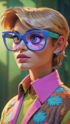 1girl,solo,short hair,blonde hair,shirt,brown eyes,jewelry,green eyes,jacket,upper body,flower,earrings,parted lips,glasses,teeth,collared shirt,artist name,blurry,lips,eyelashes,makeup,looking away,floral print,sunglasses,lipstick,portrait,eyeshadow,blue flower,pink shirt,nose,green shirt,stud earrings,eyeliner,pink jacket,tinted eyewear,mascara,blue-framed eyewear,blue-tinted eyewear,bangs,brown hair,open clothes,signature,looking to the side,blurry background,swept bangs,thick eyebrows,multicolored clothes,pink lips,print shirt,flower earrings