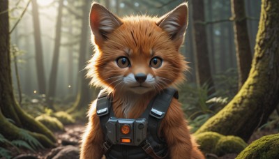 solo,looking at viewer,brown eyes,upper body,outdoors,blurry,tree,no humans,depth of field,blurry background,animal,cat,plant,nature,forest,realistic,animal focus,straight-on,whiskers,day,fox