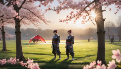 1girl,smile,short hair,bangs,brown hair,black hair,hair ornament,long sleeves,1boy,holding,closed mouth,standing,ponytail,weapon,flower,male focus,outdoors,japanese clothes,multiple boys,sky,day,pants,sword,hair flower,2boys,kimono,hair bun,blurry,looking at another,tree,sash,petals,depth of field,umbrella,sunlight,single hair bun,grass,cherry blossoms,scenery,pink flower,backlighting,walking,holding umbrella,mountain,ninja,oil-paper umbrella,topknot,red umbrella,spring (season),nature,field