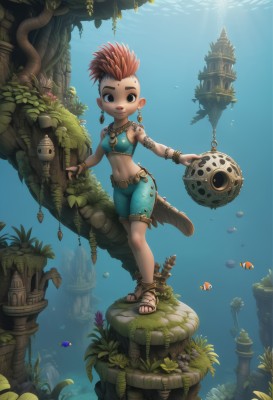 1girl,solo,looking at viewer,smile,short hair,open mouth,navel,jewelry,weapon,red hair,earrings,shorts,midriff,dark skin,water,necklace,black eyes,bracelet,tree,tattoo,sandals,plant,child,armlet,fish,bubble,underwater,anklet,air bubble,turtle,coral,seaweed,orange hair,rock,mohawk