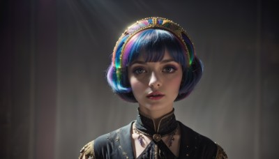 1girl,solo,looking at viewer,short hair,bangs,blue eyes,jewelry,blue hair,upper body,multicolored hair,parted lips,choker,necklace,blurry,black eyes,lips,grey eyes,eyelashes,makeup,lipstick,gem,portrait,eyeshadow,realistic,red lips,simple background,teeth,grey background,black background,straight-on