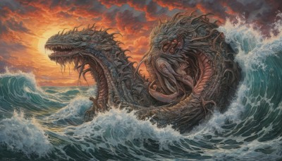 open mouth,outdoors,sky,teeth,tongue,cloud,water,no humans,ocean,cloudy sky,sharp teeth,sunset,monster,sun,giant,waves,red sky,fangs,dragon,scales