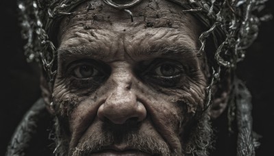 solo,looking at viewer,simple background,1boy,closed mouth,male focus,blurry,black eyes,facial hair,black background,portrait,beard,close-up,realistic,mustache,old,old man,horror (theme),wrinkled skin,monochrome,glasses,freckles,serious