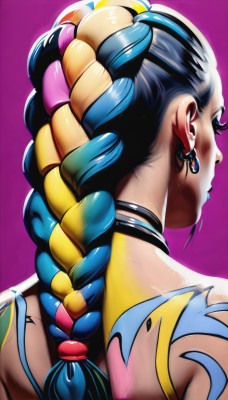 1girl,solo,long hair,blonde hair,simple background,black hair,hair ornament,bare shoulders,jewelry,blue hair,upper body,pink hair,braid,multicolored hair,earrings,choker,shiny,from behind,shiny hair,twin braids,two-tone hair,lips,gradient,gradient background,single braid,tattoo,profile,makeup,back,black choker,lipstick,portrait,purple background,mascara,back tattoo,k/da (league of legends),sleeveless,artist name,signature,dark skin,dark-skinned female,streaked hair,watermark,piercing,pink background,ear piercing,hair over shoulder,hair tie,arm tattoo,shoulder tattoo,facial tattoo,multiple braids