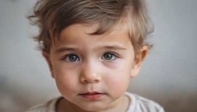 1girl,solo,looking at viewer,short hair,brown hair,shirt,1boy,brown eyes,closed mouth,white shirt,male focus,blurry,lips,depth of field,blurry background,child,portrait,close-up,realistic,nose,male child,bangs,parted lips,eyelashes,expressionless