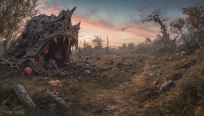 outdoors,sky,teeth,artist name,cloud,tree,no humans,bird,watermark,cloudy sky,grass,nature,scenery,forest,sunset,monster,rock,fantasy,ruins,bare tree,landscape,open mouth,plant,mushroom