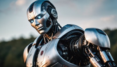 solo,blue eyes,1boy,upper body,male focus,cloud,blurry,no humans,blurry background,glowing,robot,mecha,glowing eyes,science fiction,realistic,android,damaged,humanoid robot,outdoors,sky,armor,depth of field,portrait,machinery,cable,robot joints,power armor