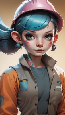 1girl,solo,breasts,looking at viewer,smile,shirt,hat,twintails,jewelry,closed mouth,green eyes,blue hair,jacket,upper body,earrings,small breasts,open clothes,artist name,vest,open jacket,lips,gradient,gradient background,eyelashes,aqua hair,tattoo,makeup,swept bangs,facial mark,piercing,helmet,blue shirt,lipstick,grey shirt,freckles,nose,orange jacket,long hair,bangs,blue eyes,belt,aqua eyes,eyeshadow,brown background,pocket,brown jacket,pink lips,eyeliner,facepaint,facial tattoo,mascara