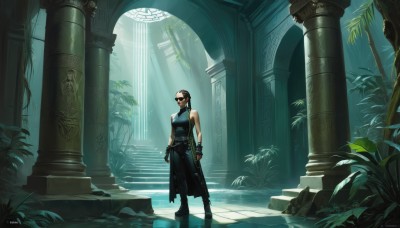 1girl,solo,breasts,short hair,brown hair,black hair,gloves,bare shoulders,medium breasts,standing,weapon,boots,sleeveless,pants,fingerless gloves,water,tree,gun,tattoo,mask,sunlight,tank top,plant,goggles,scenery,stairs,ruins,pillar,overgrown,column,long hair,blue eyes,shirt,holding,full body,ponytail,black gloves,belt,indoors,holding weapon,black pants,wide shot