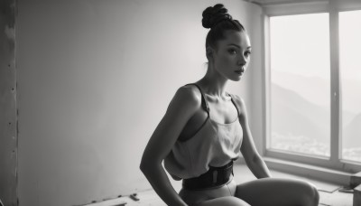 1girl,solo,breasts,looking at viewer,short hair,cleavage,bare shoulders,medium breasts,sitting,collarbone,monochrome,greyscale,small breasts,parted lips,indoors,dark skin,hair bun,dark-skinned female,lips,crop top,window,bottomless,single hair bun,tank top,nose,belt,no bra,realistic