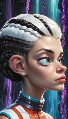 1girl,solo,short hair,black hair,jewelry,green eyes,braid,white hair,multicolored hair,earrings,parted lips,artist name,signature,dark skin,hair bun,blurry,two-tone hair,dark-skinned female,lips,eyelashes,makeup,blurry background,watermark,looking up,lipstick,portrait,web address,french braid,freckles,realistic,nose,red lips,stud earrings,dreadlocks,multiple braids,closed mouth,upper body,from side,bodysuit,profile,eyeshadow,braided bun,mascara