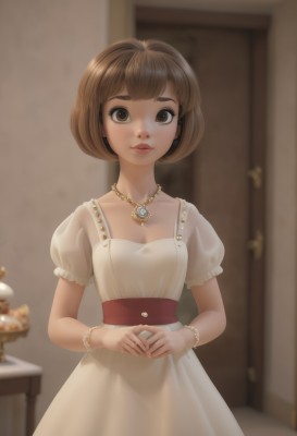 1girl,solo,breasts,looking at viewer,smile,short hair,bangs,brown hair,dress,cleavage,brown eyes,jewelry,standing,collarbone,short sleeves,small breasts,parted lips,puffy sleeves,indoors,necklace,white dress,blurry,bracelet,puffy short sleeves,lips,makeup,depth of field,blurry background,bob cut,own hands together,door,red lips,table,gem