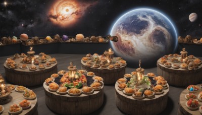 food,sky,cloud,cup,no humans,night,fruit,moon,table,fire,star (sky),night sky,scenery,plate,starry sky,fish,bowl,fantasy,dragon,space,egg,planet,meat,food focus,earth (planet),skewer,soup,onion,realistic,candle,still life,barrel