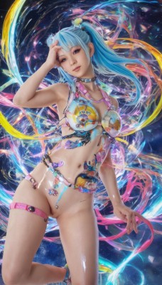 1girl,solo,long hair,breasts,looking at viewer,smile,bangs,blue eyes,hair ornament,navel,twintails,jewelry,medium breasts,blue hair,collarbone,swimsuit,bikini,shoes,pussy,choker,shiny,armpits,arm up,collar,lips,shiny skin,uncensored,tattoo,thigh strap,bottomless,piercing,bikini top only,realistic,hand on own head,navel piercing,hand to head,large breasts,cleavage,ponytail,multicolored hair,parted lips,belt,two-tone hair,watermark,web address,anklet,pussy piercing,clitoris piercing