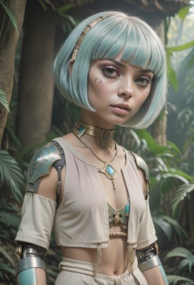 1girl,solo,breasts,looking at viewer,short hair,bangs,navel,jewelry,closed mouth,green eyes,blue hair,upper body,hairband,small breasts,outdoors,parted lips,choker,midriff,pants,artist name,dark skin,blunt bangs,necklace,bra,blurry,lips,aqua hair,makeup,blurry background,bob cut,plant,nature,eyeshadow,science fiction,realistic,white pants,nose,arms at sides,android,eyeliner,joints,neck ring,cyborg,robot joints,green hair,facial mark,forest,facepaint,cyberpunk