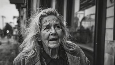 solo,long hair,shirt,1boy,jewelry,jacket,monochrome,upper body,greyscale,male focus,earrings,outdoors,collared shirt,medium hair,blurry,blurry background,looking up,building,messy hair,portrait,realistic,old,horror (theme),wrinkled skin,1girl,closed mouth,lips,depth of field,scar,looking afar,old man,old woman