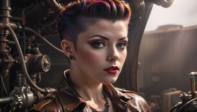 1girl,solo,looking at viewer,short hair,black hair,brown eyes,jewelry,jacket,pink hair,purple hair,multicolored hair,earrings,parted lips,necklace,mole,blurry,two-tone hair,lips,grey eyes,eyelashes,makeup,blurry background,chain,piercing,lipstick,ear piercing,portrait,eyeshadow,freckles,realistic,nose,red lips,stud earrings,eyeliner,very short hair,leather,undercut,leather jacket,mascara,green eyes,artist name,close-up,cyberpunk