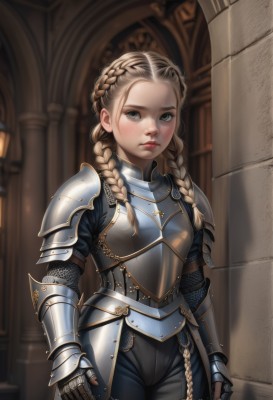 1girl,solo,long hair,looking at viewer,blush,blue eyes,blonde hair,closed mouth,standing,braid,cowboy shot,pants,artist name,indoors,armor,blurry,twin braids,lips,grey eyes,blurry background,shoulder armor,gauntlets,hair over shoulder,forehead,freckles,pauldrons,breastplate,nose,arms at sides,red lips,faulds,knight,chainmail,plate armor,realistic,pillar